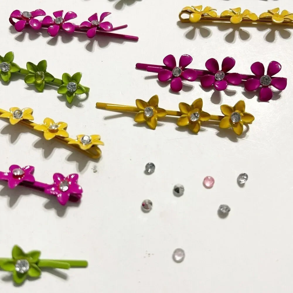 Vintage Lot of 24 Metal Bobby Pins Colorful Rhinestone Glitter Pink Green Yellow